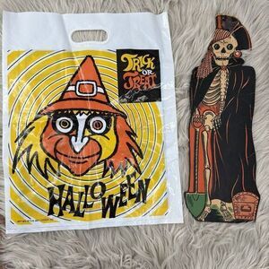 Vintage 1950s Beistle Halloween‎ Die Cut Cardboard Pirate Skeleton And Candy Bag